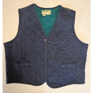 VTG Eddie Bauer Quilted Cotton Canvas Vest Navy Blue w/ Green lining Men's XL